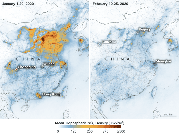 Nasa divulga imagens de satélite que mostram poluição na China antes e depois do surto de coronavírus