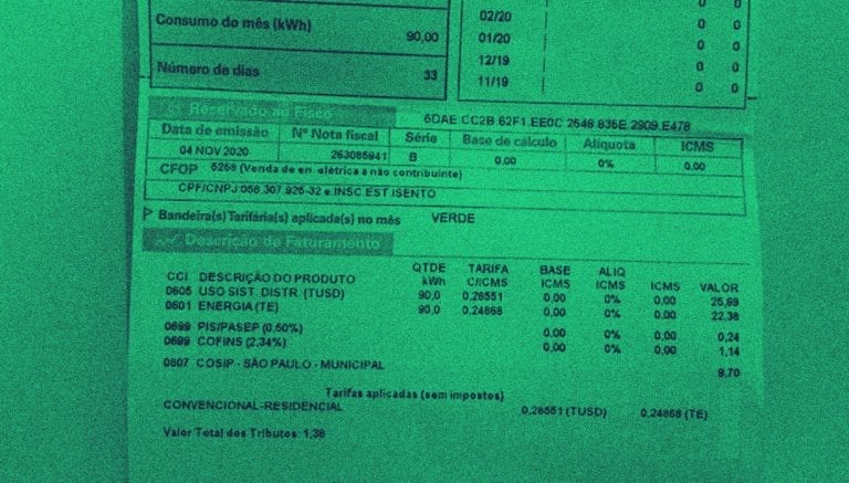 conta de luz mostrando TE e TUSD com filtro verde